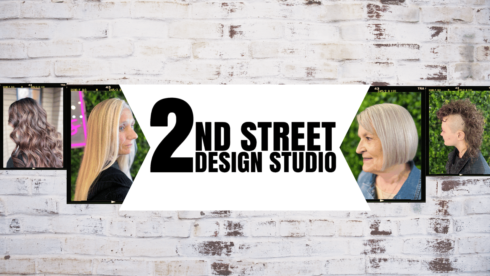 2nd Street Design Studio logo surrounded by diverse hairstyle examples on a brick background.